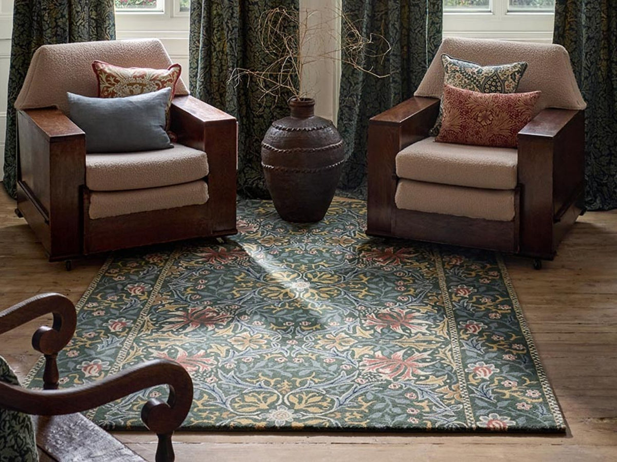 Morris & Co Walthamstow Forest Teal rug styled in a room setting