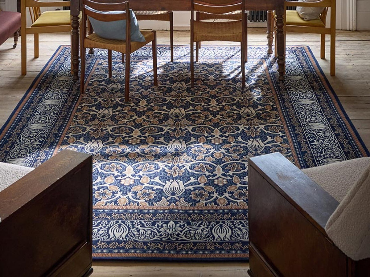 Morris & Co Borage Blue rug styled in a room setting