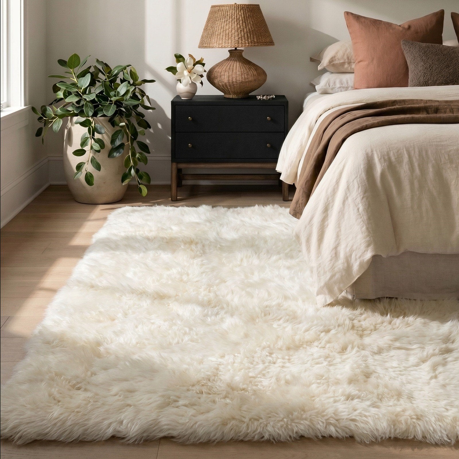 Faux Sheepskin Ivory wool rug in a bedroom