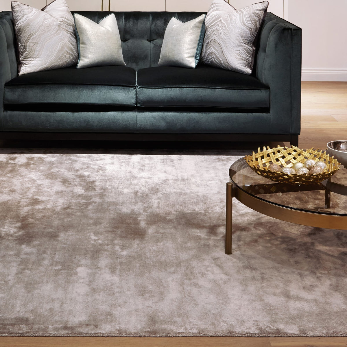 Katherine Carnaby Chrome Latte rug in a living room