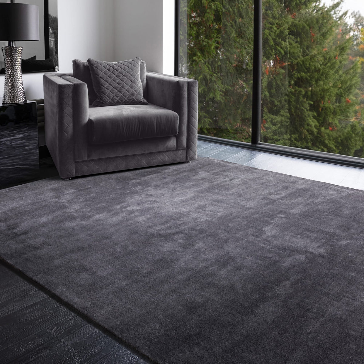Katherine Carnaby Chrome Lead rug in a living room