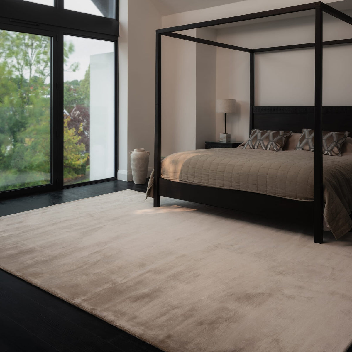 Katherine Carnaby Chrome Pearl rug in a living room