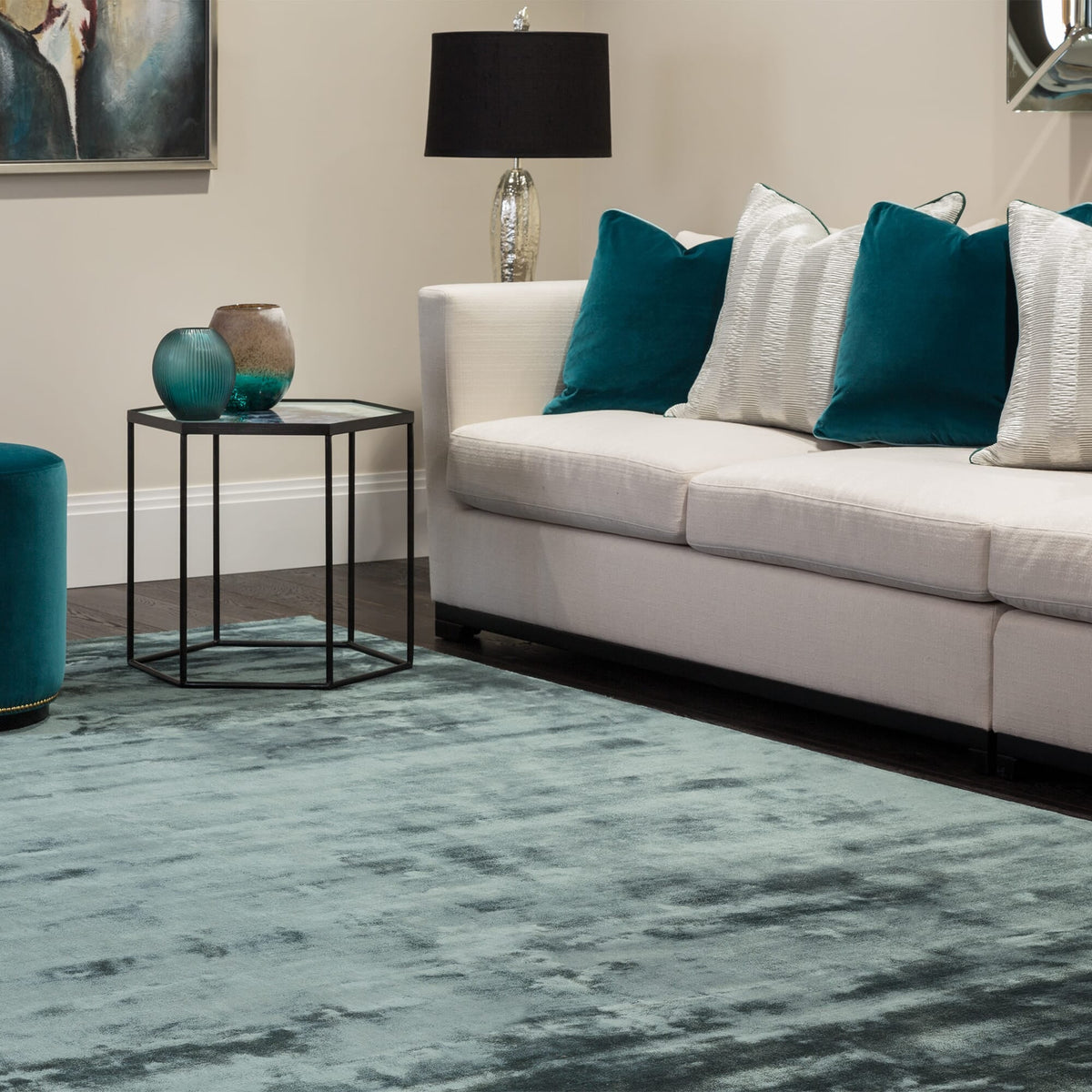 Katherine Carnaby Chrome Petrol rug in a living room