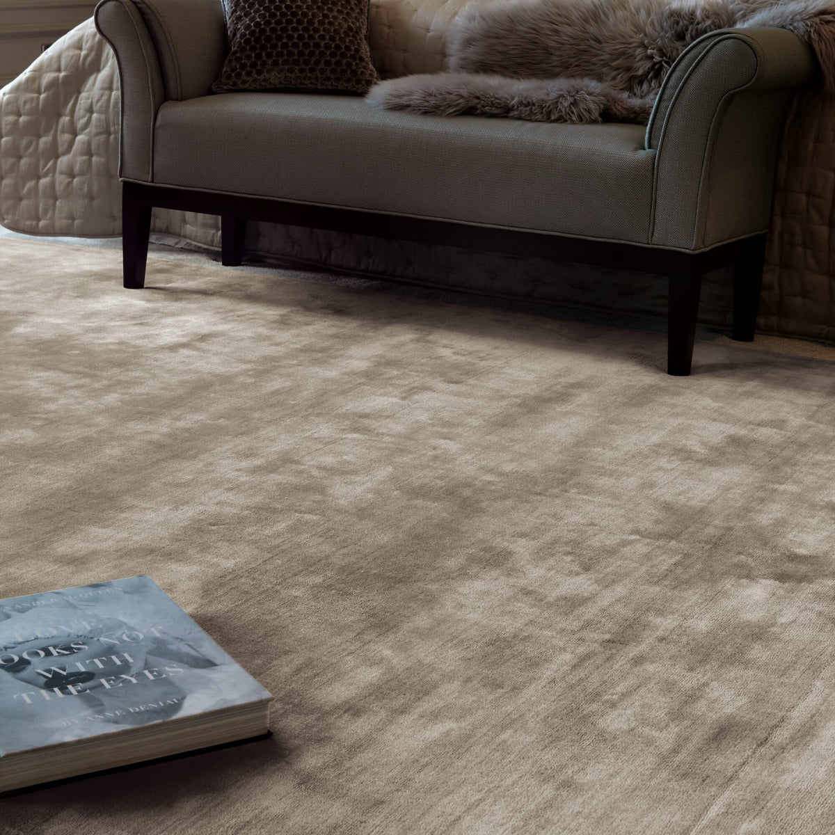 Katherine Carnaby Chrome Putty rug in a living room