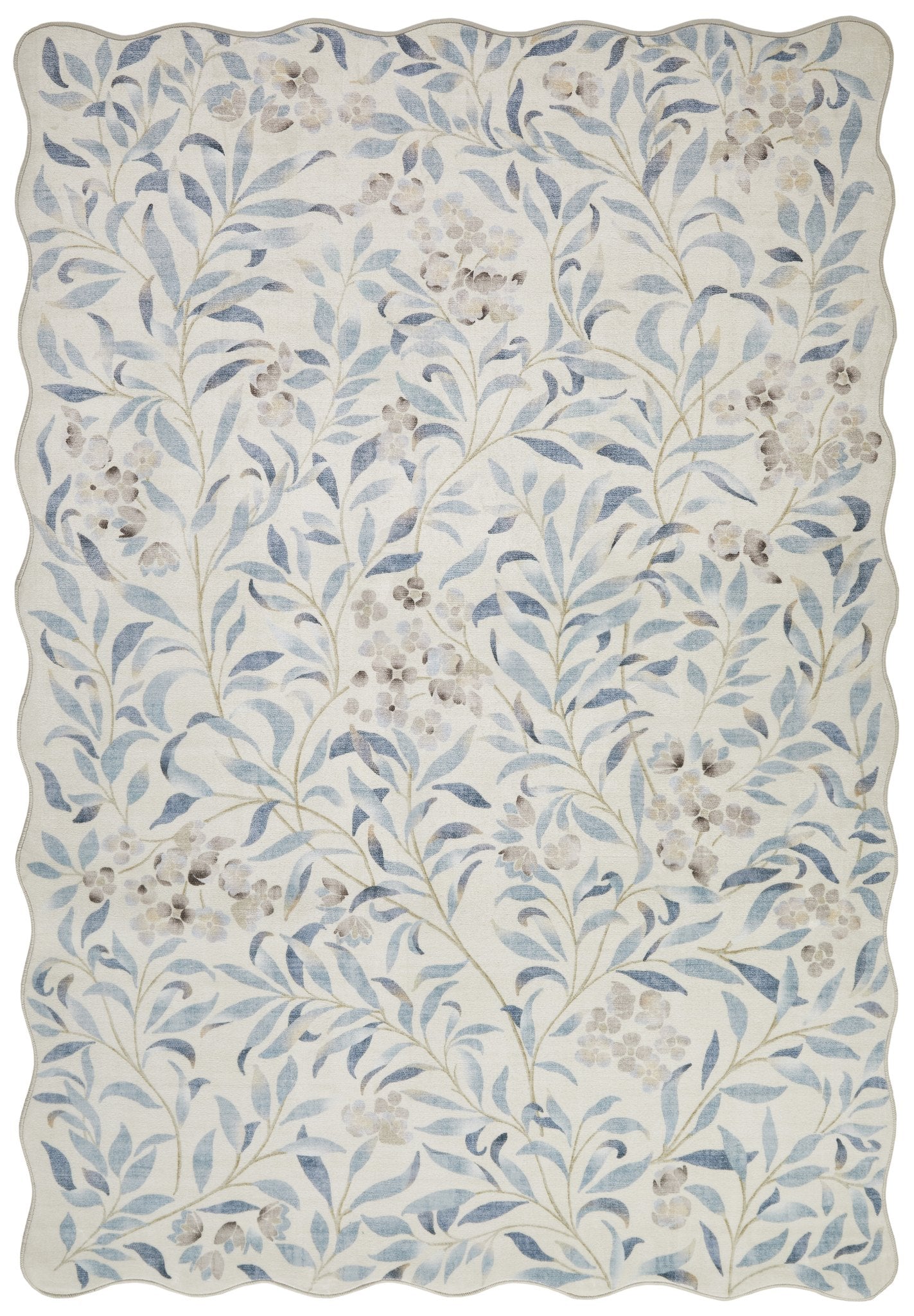 Liberty Lib 301 Ivory Blue rug corner folded showing the non-slip backing