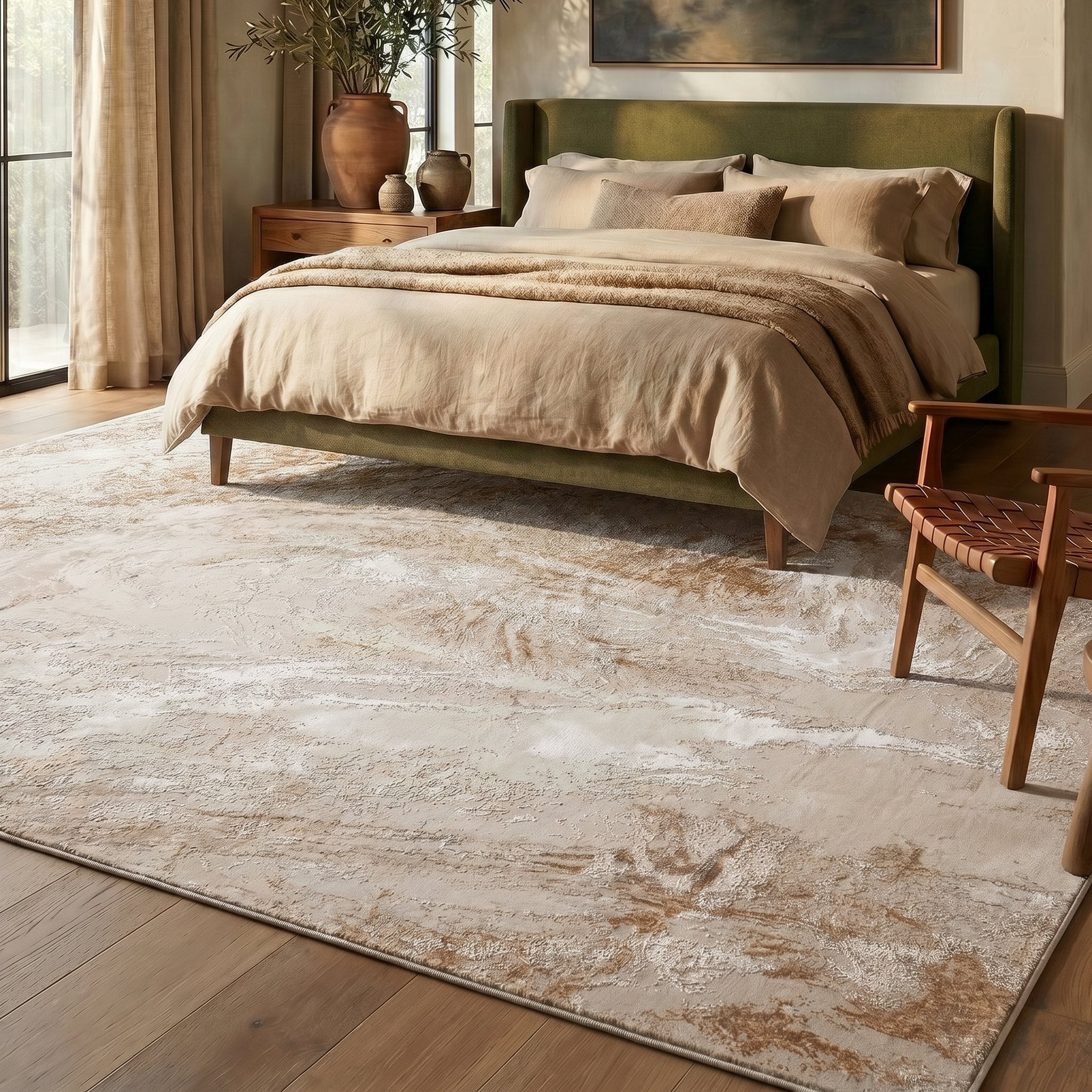 Santa Monica Beige rug in a bedroom