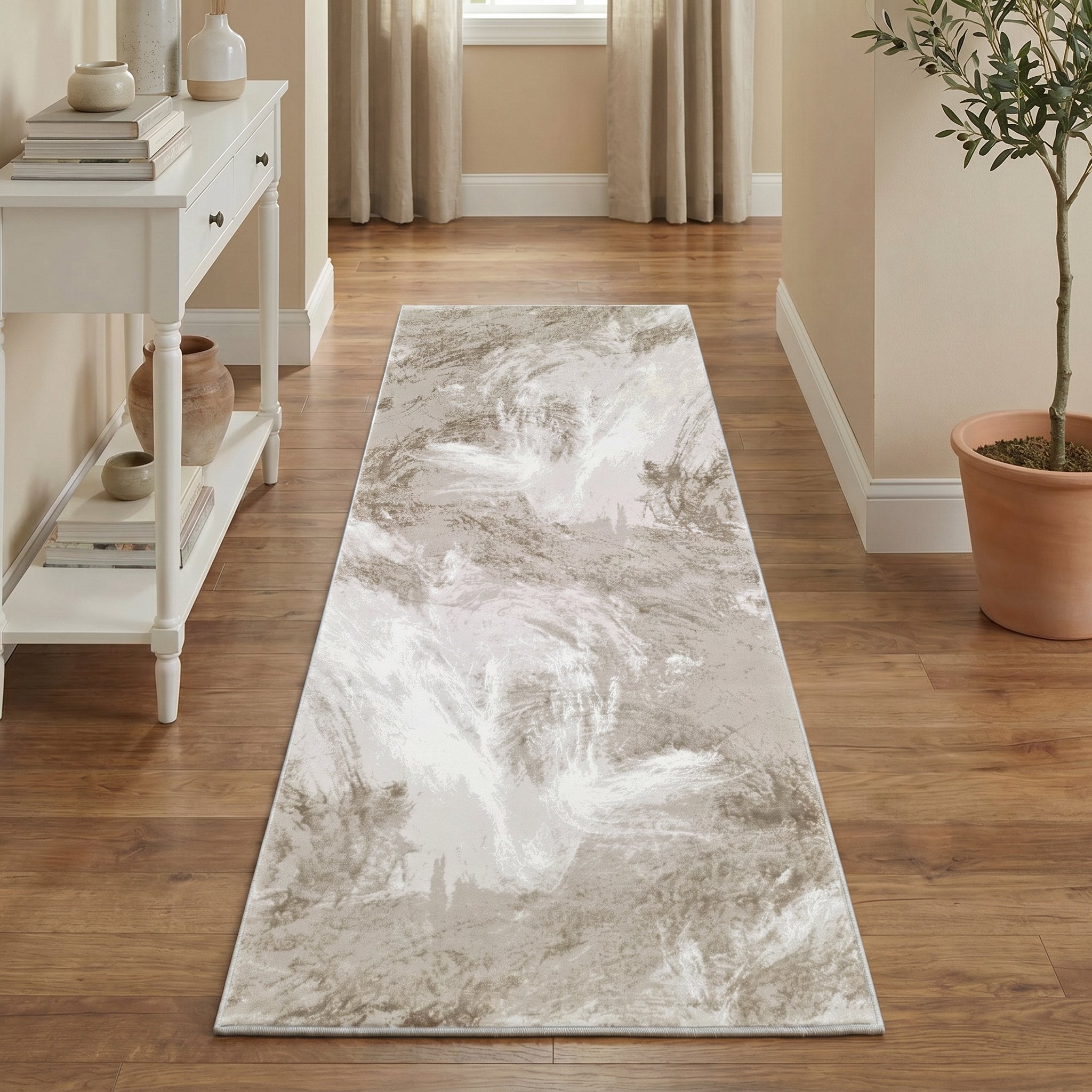 Santa Monica Beige runner rug in a hallway