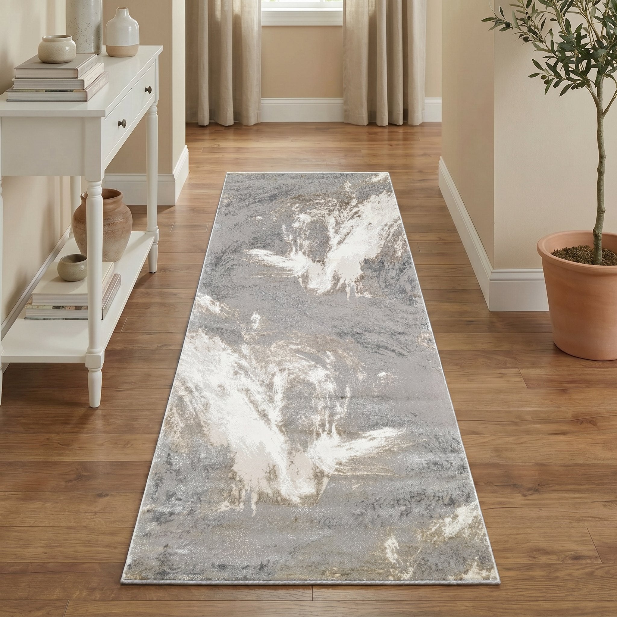 Santa Monica Grey Beige runner rug in a hallway