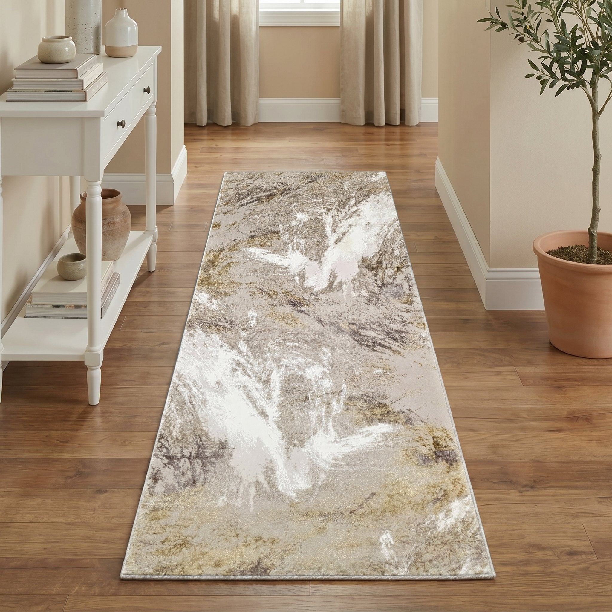 Santa Monica Grey Gold runner rug in a hallway